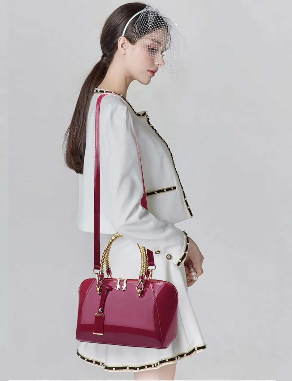 Women Shiny Patent Shell Handbag Leather Top Handle Purse Classic Shoulder Satchel Glossy Crossbody Bag Christmas Bag