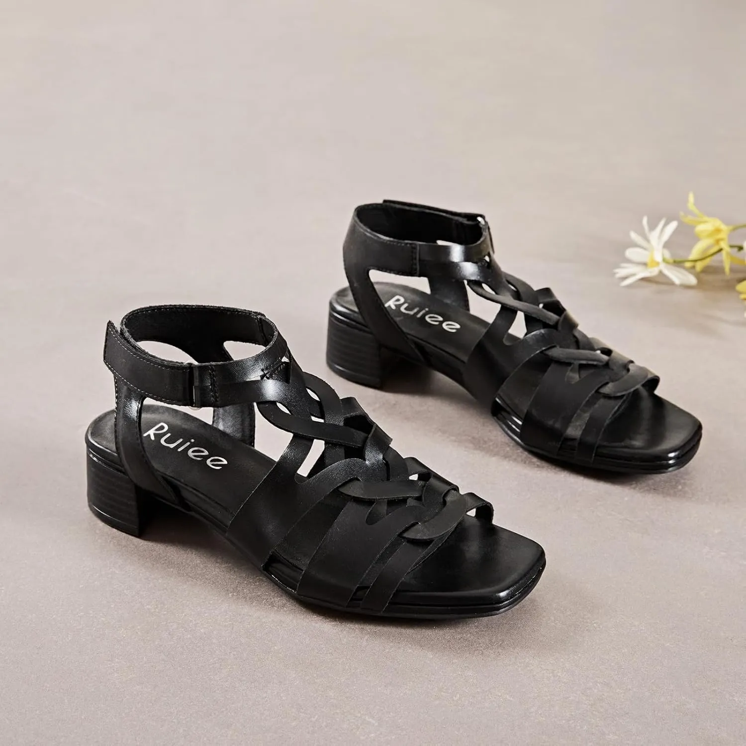 Women's Chunky Heeled Sandals - Block Low Heels Ankle Strap Square Open Toe Dressy Sandals for Women.