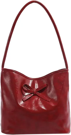 Women's PU Leather Bow Bucket Vintage Tote Underarm Bag for Daily Life Trendy Sling bags