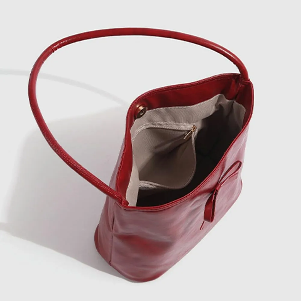 Women's PU Leather Bow Bucket Vintage Tote Underarm Bag for Daily Life Trendy Sling bags