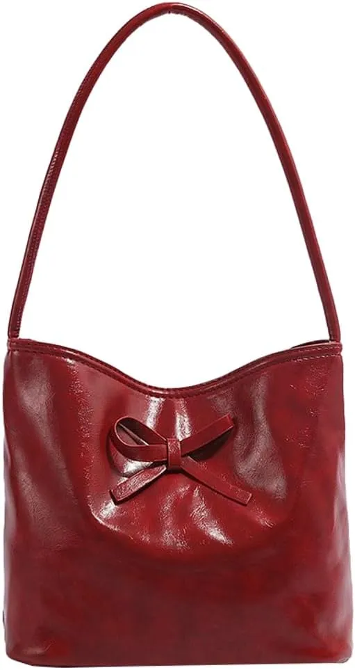 Women's PU Leather Bow Bucket Vintage Tote Underarm Bag for Daily Life Trendy Sling bags