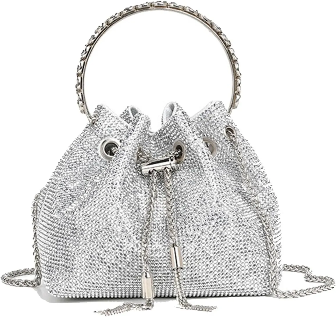 Women's Rhinestone Bucket Bag Evening Full Diamonds Clutch Purse Sparkly Glitter Handbag Crossbody Bag for Formal Wedding