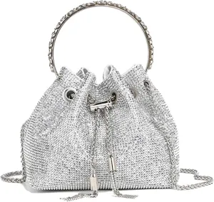 Women's Rhinestone Bucket Bag Evening Full Diamonds Clutch Purse Sparkly Glitter Handbag Crossbody Bag for Formal Wedding