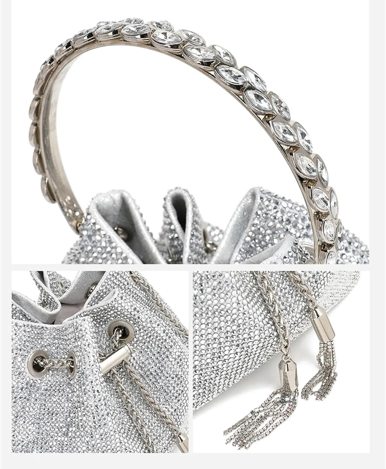 Women's Rhinestone Bucket Bag Evening Full Diamonds Clutch Purse Sparkly Glitter Handbag Crossbody Bag for Formal Wedding