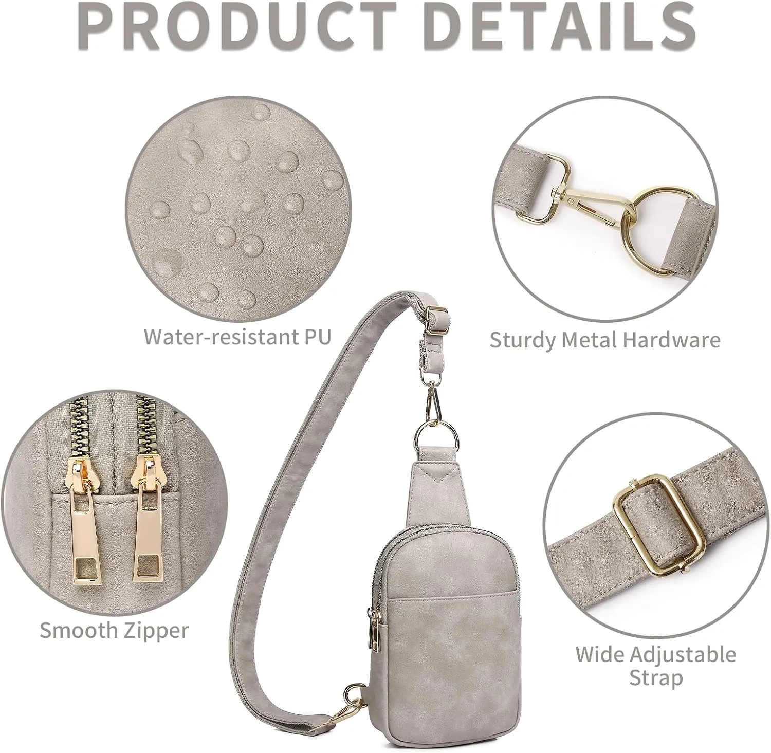 Women's Small Grey Sling Bag, Vegan Leather Crossbody Purse with 2 Straps, Trendy Fanny Pack for Women, Travel Chest Bag, Gift for Her