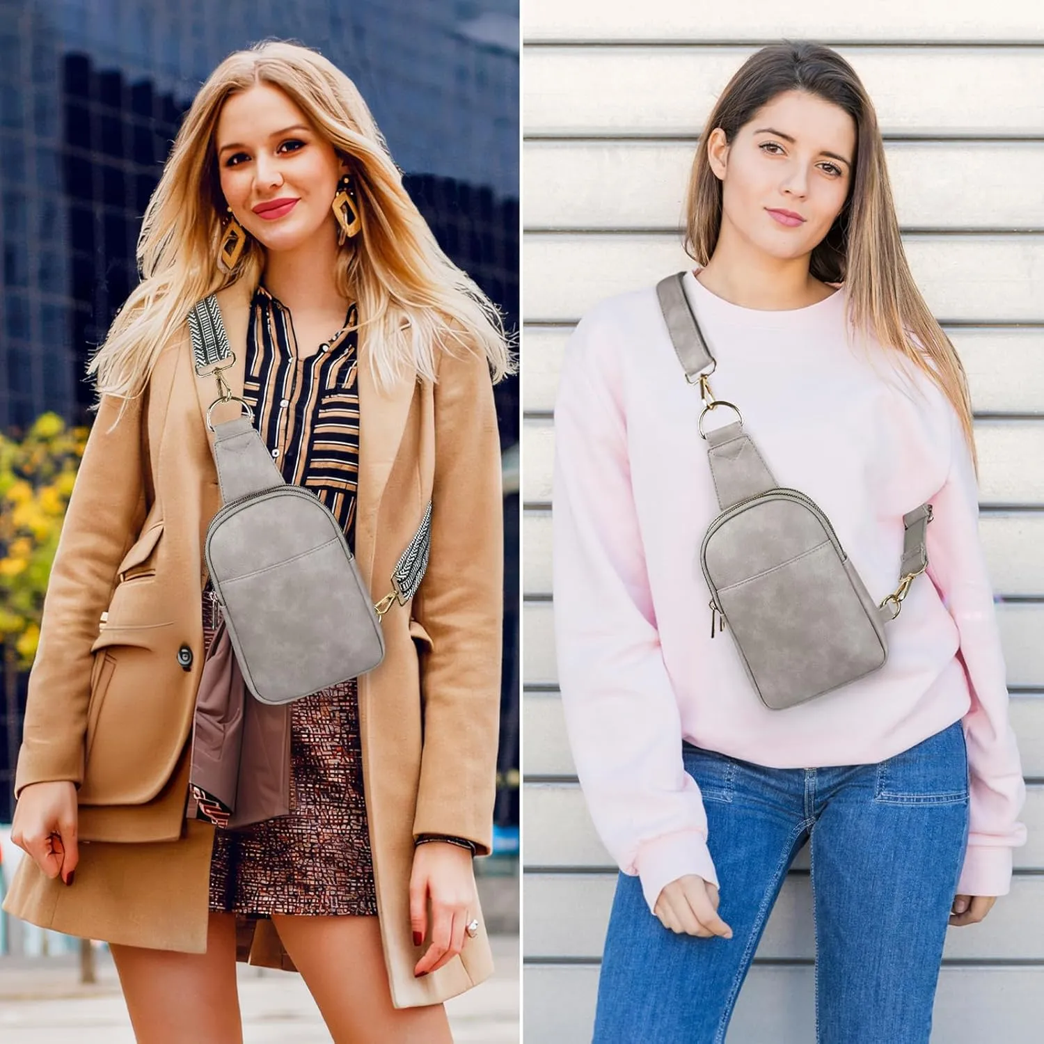 Women's Small Grey Sling Bag, Vegan Leather Crossbody Purse with 2 Straps, Trendy Fanny Pack for Women, Travel Chest Bag, Gift for Her