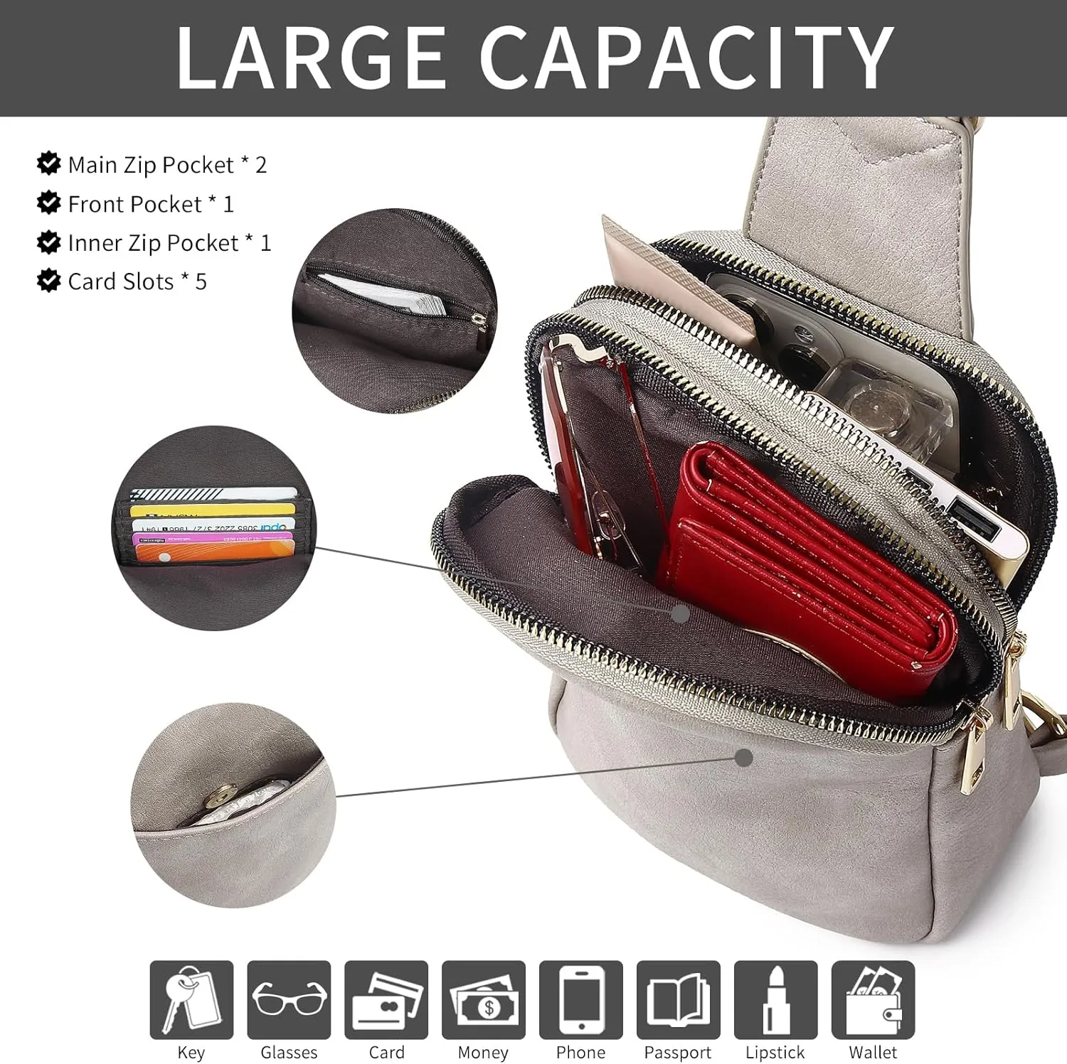 Women's Small Grey Sling Bag, Vegan Leather Crossbody Purse with 2 Straps, Trendy Fanny Pack for Women, Travel Chest Bag, Gift for Her