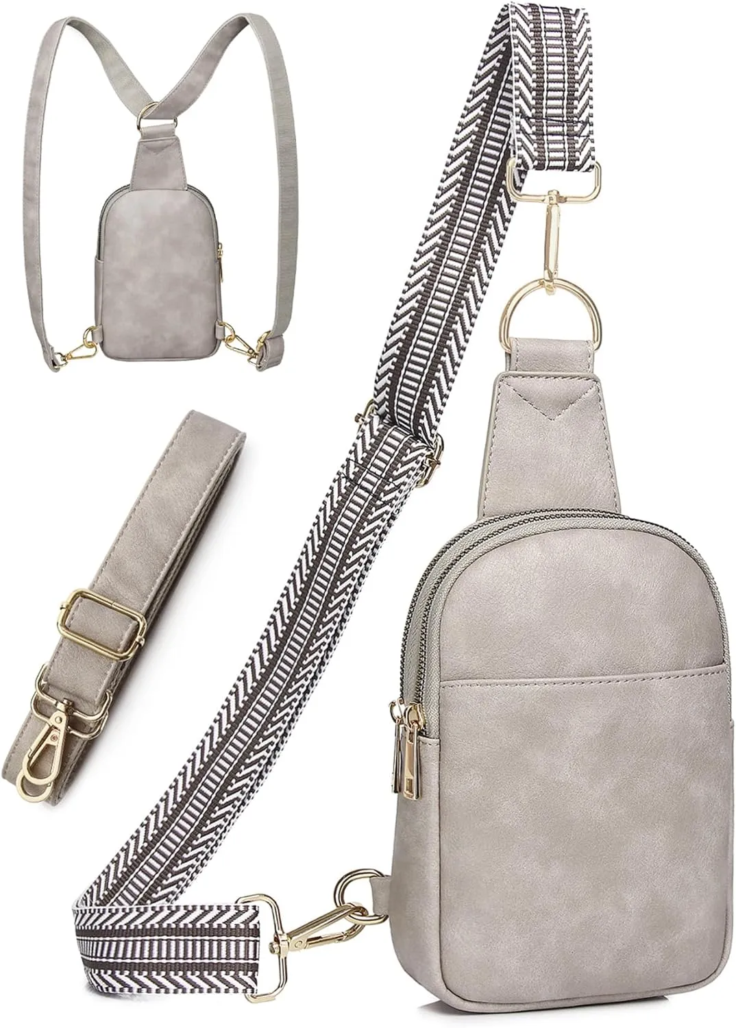 Women's Small Grey Sling Bag, Vegan Leather Crossbody Purse with 2 Straps, Trendy Fanny Pack for Women, Travel Chest Bag, Gift for Her