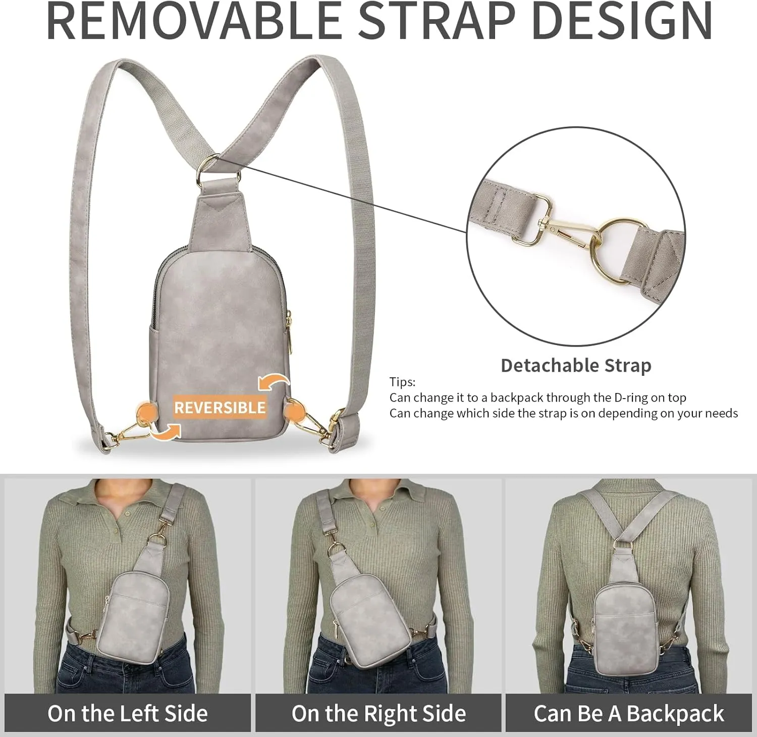Women's Small Grey Sling Bag, Vegan Leather Crossbody Purse with 2 Straps, Trendy Fanny Pack for Women, Travel Chest Bag, Gift for Her