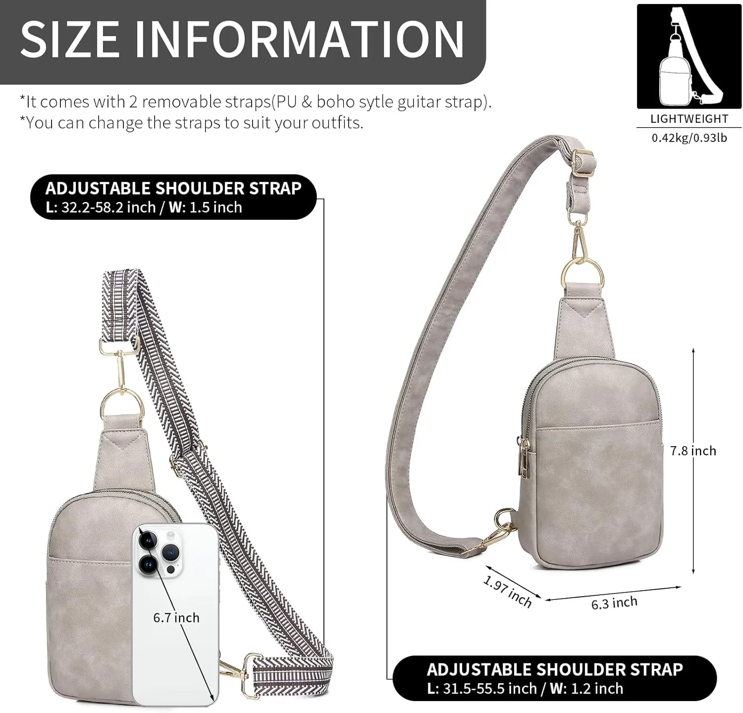 Women's Small Grey Sling Bag, Vegan Leather Crossbody Purse with 2 Straps, Trendy Fanny Pack for Women, Travel Chest Bag, Gift for Her
