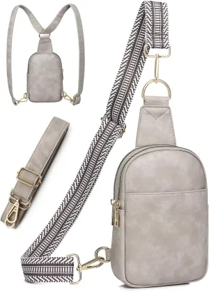 Women's Small Grey Sling Bag, Vegan Leather Crossbody Purse with 2 Straps, Trendy Fanny Pack for Women, Travel Chest Bag, Gift for Her