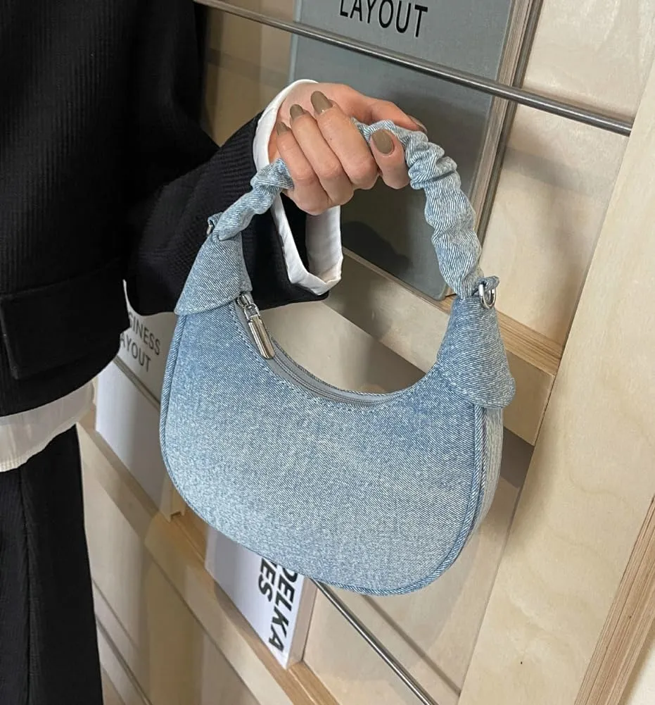 Womens Vintage Crescent Shoulder Crossbody Bags Washed Denim Dumpling Tote Small Purse Handbags Satchel 2024
