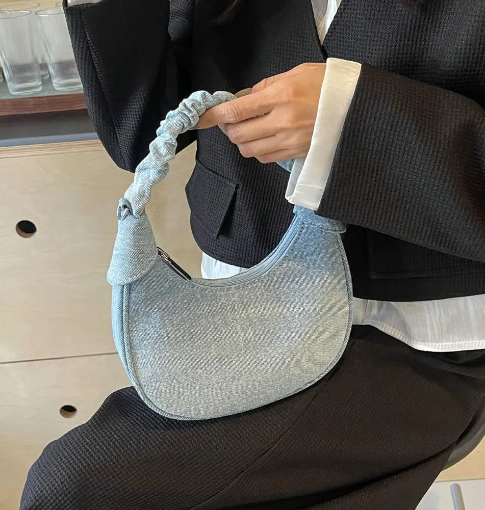Womens Vintage Crescent Shoulder Crossbody Bags Washed Denim Dumpling Tote Small Purse Handbags Satchel 2024