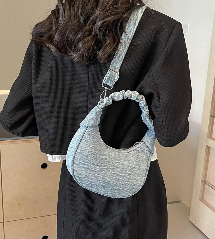 Womens Vintage Crescent Shoulder Crossbody Bags Washed Denim Dumpling Tote Small Purse Handbags Satchel 2024