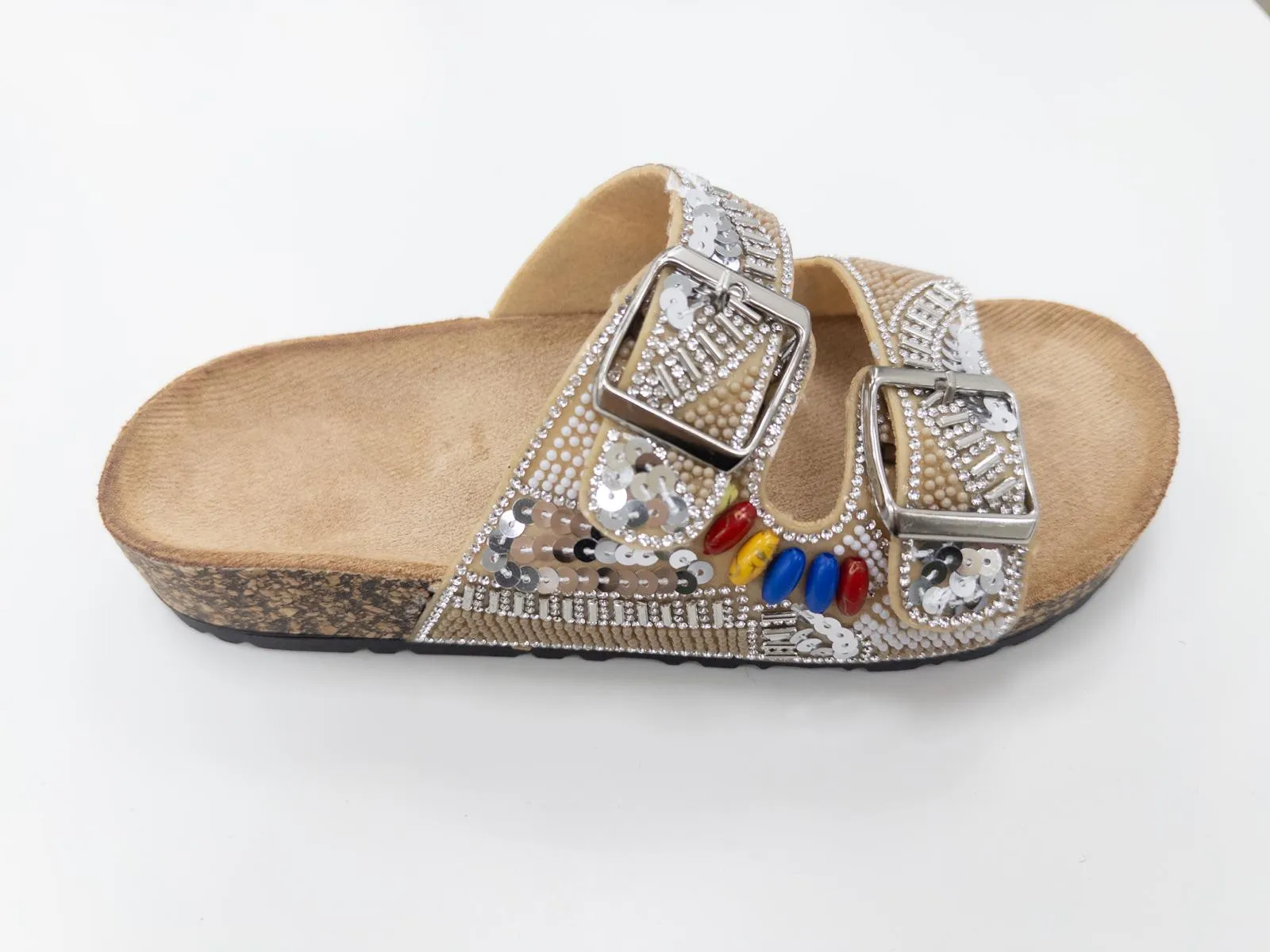 WQ906 LADIES BEIGE SUMMER DIAMANTE DOUBLE BUCKLE SANDALS